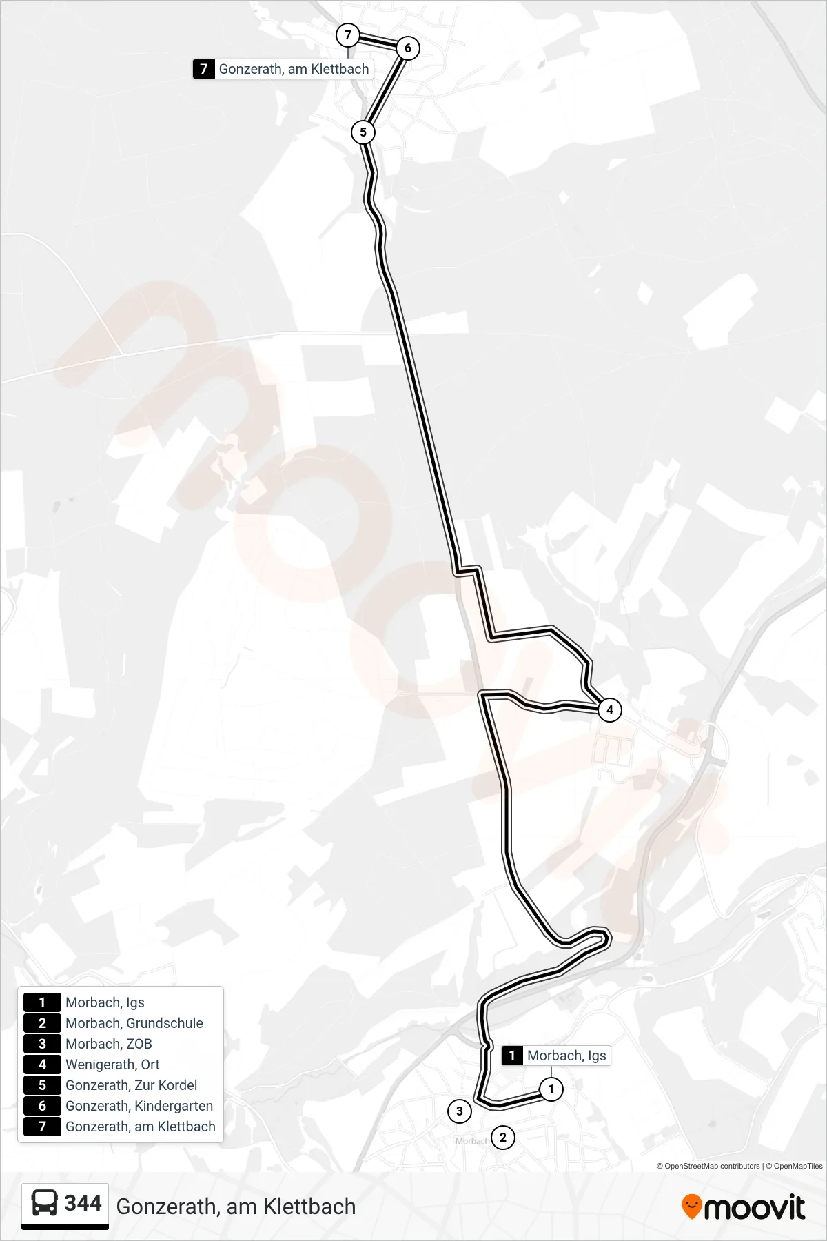 344 bus Line (Gonzerath, am Klettbach) route and stops on a map