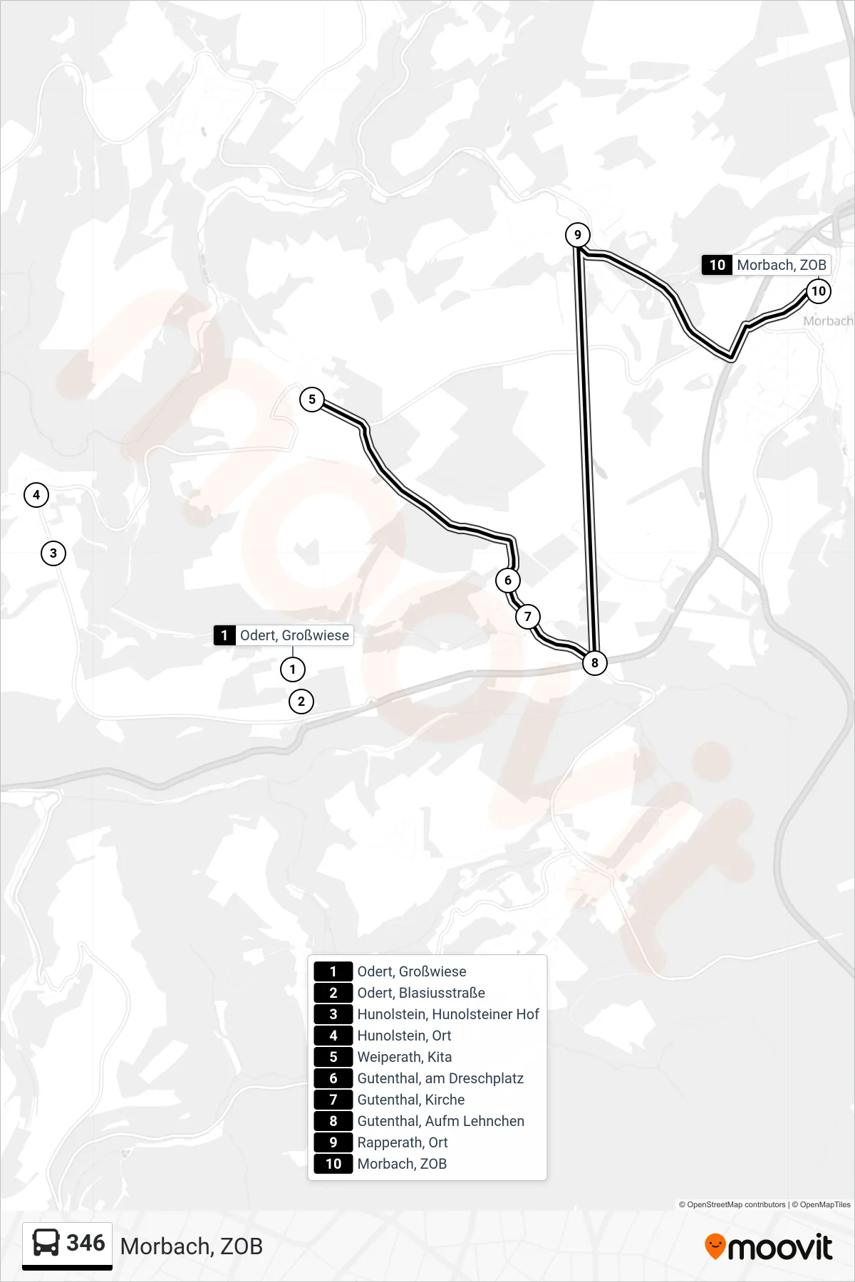 346 bus Line (Morbach, ZOB) route and stops on a map
