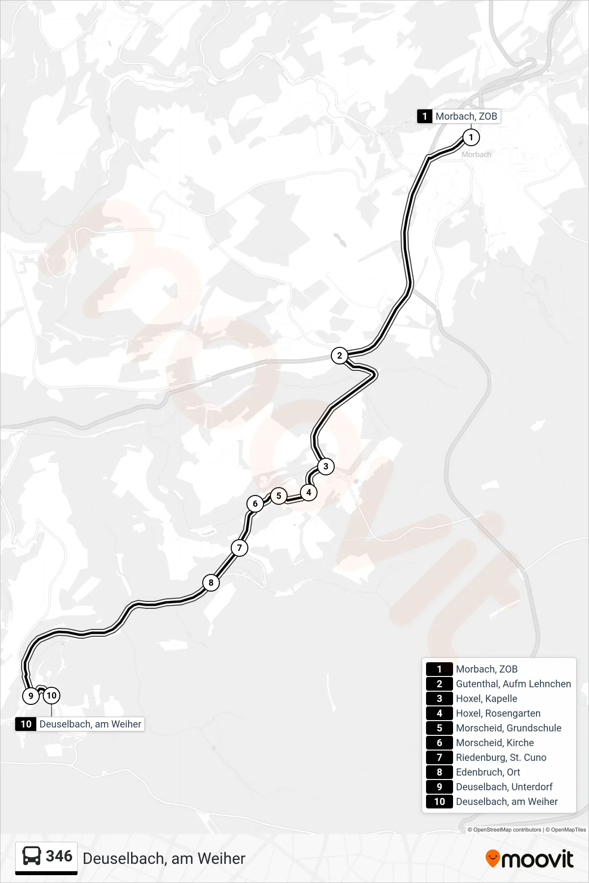 346 bus Line (Deuselbach, am Weiher) route and stops on a map
