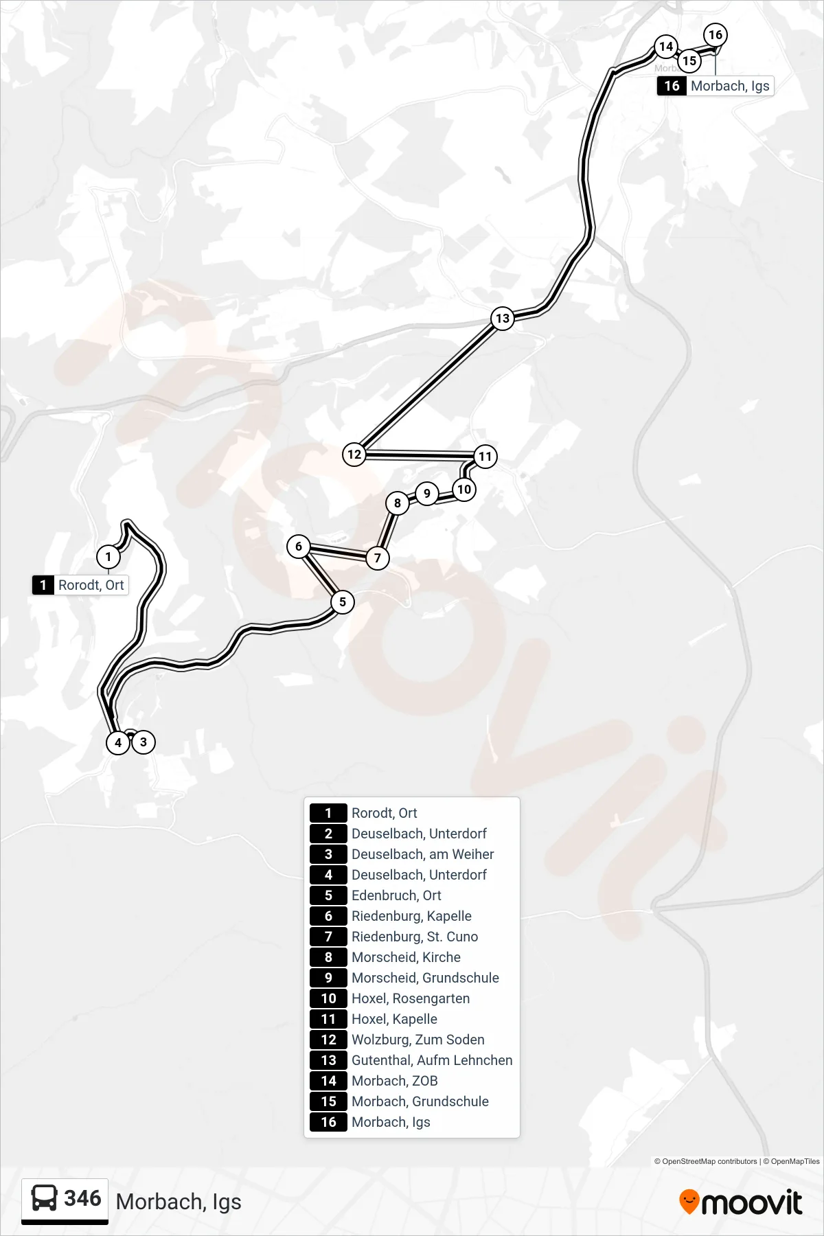 346 bus Line (Morbach, Igs) route and stops on a map