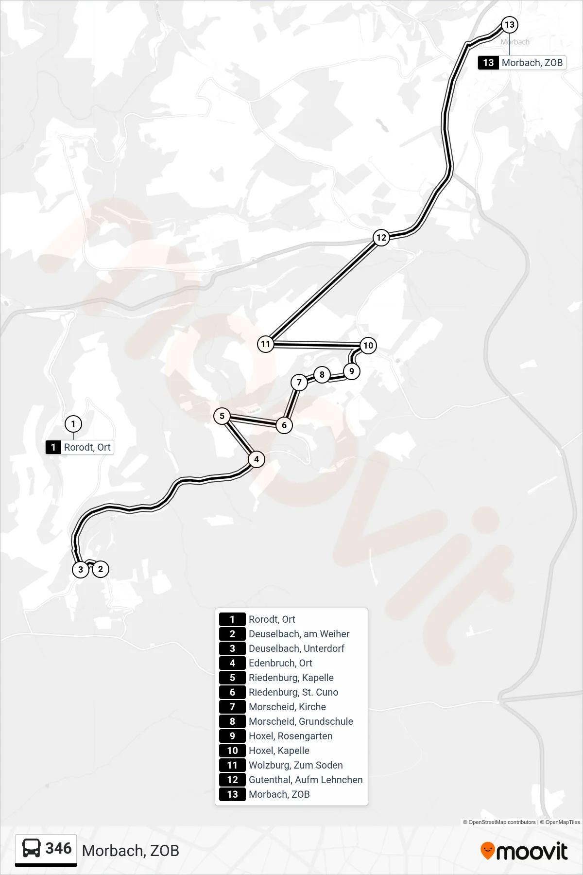 346 bus Line (Morbach, ZOB) route and stops on a map