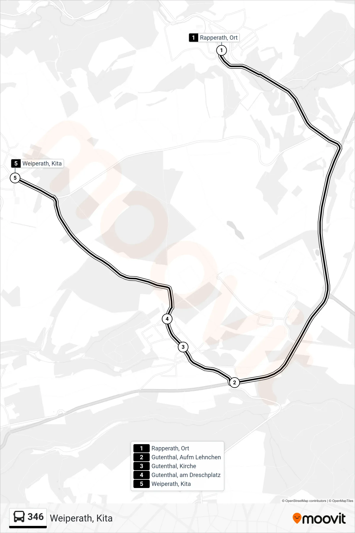 346 bus Line (Weiperath, Kita) route and stops on a map