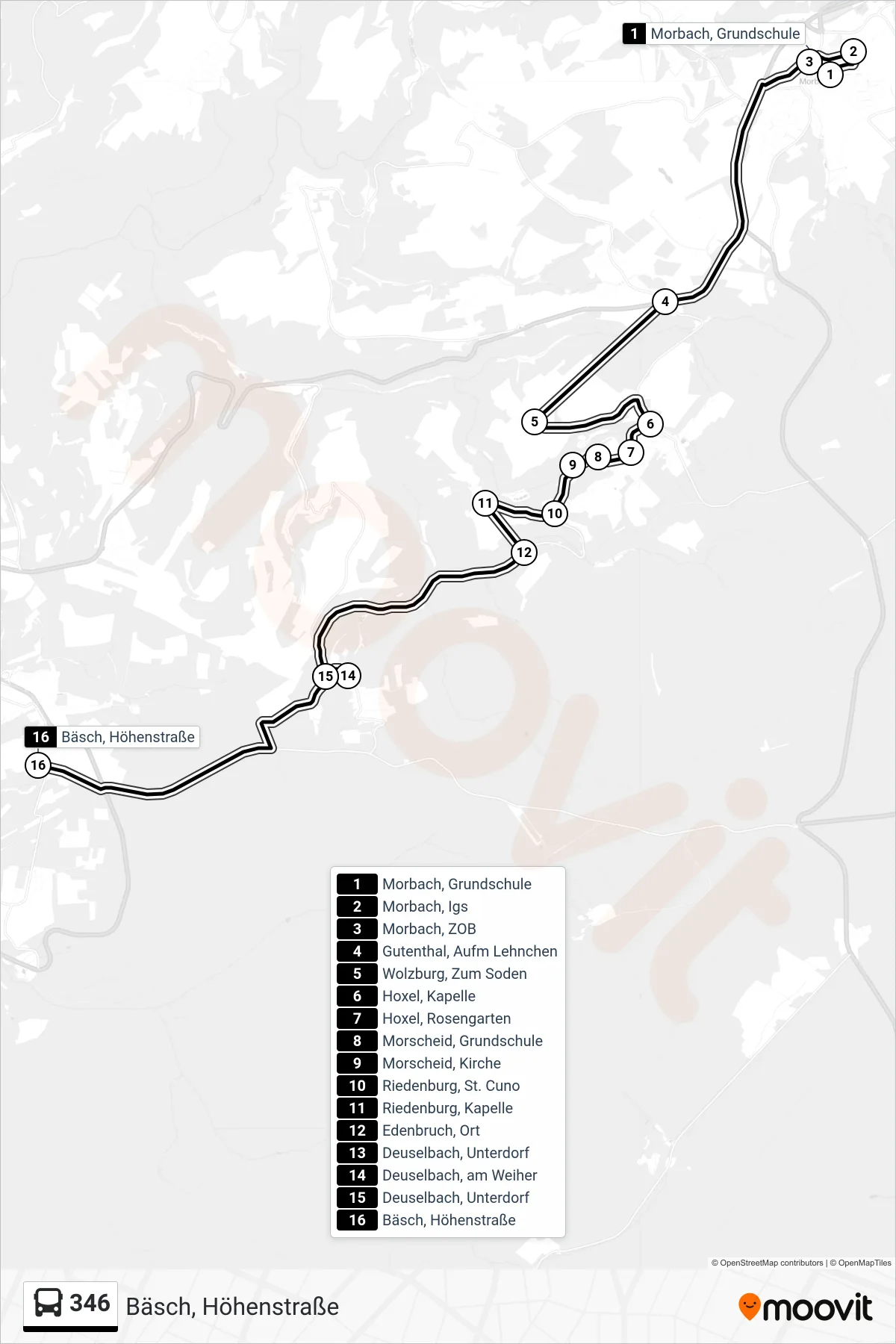 346 bus Line (Bäsch, Höhenstraße) route and stops on a map