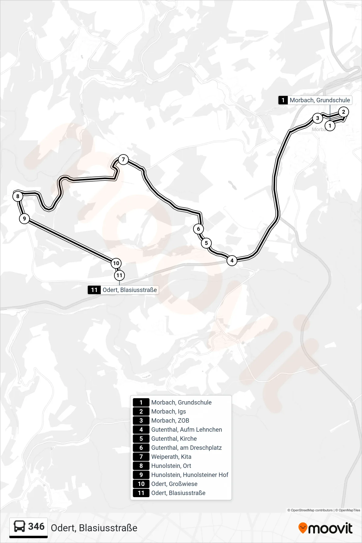 346 bus Line (Odert, Blasiusstraße) route and stops on a map