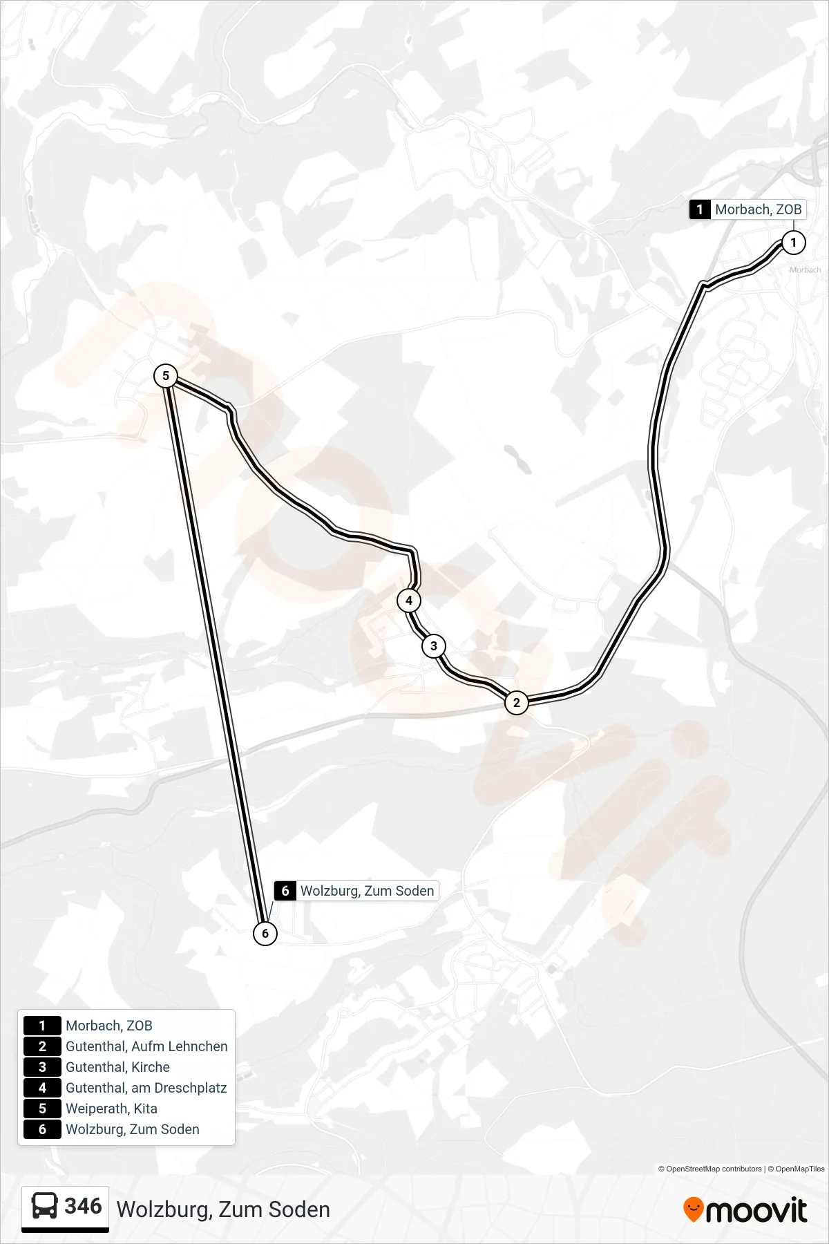 346 bus Line (Wolzburg, Zum Soden) route and stops on a map