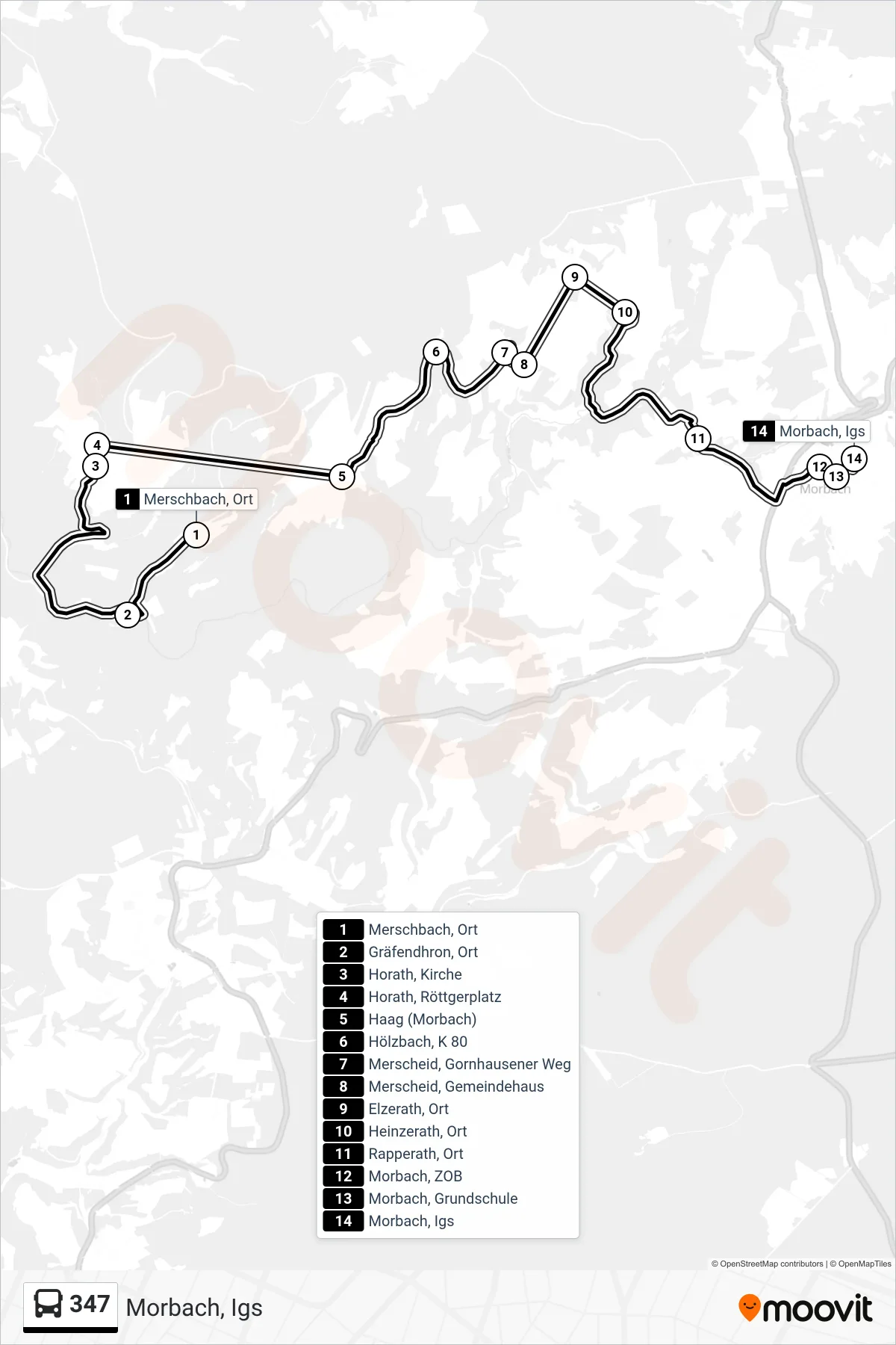 347 bus Line (Morbach, Igs) route and stops on a map