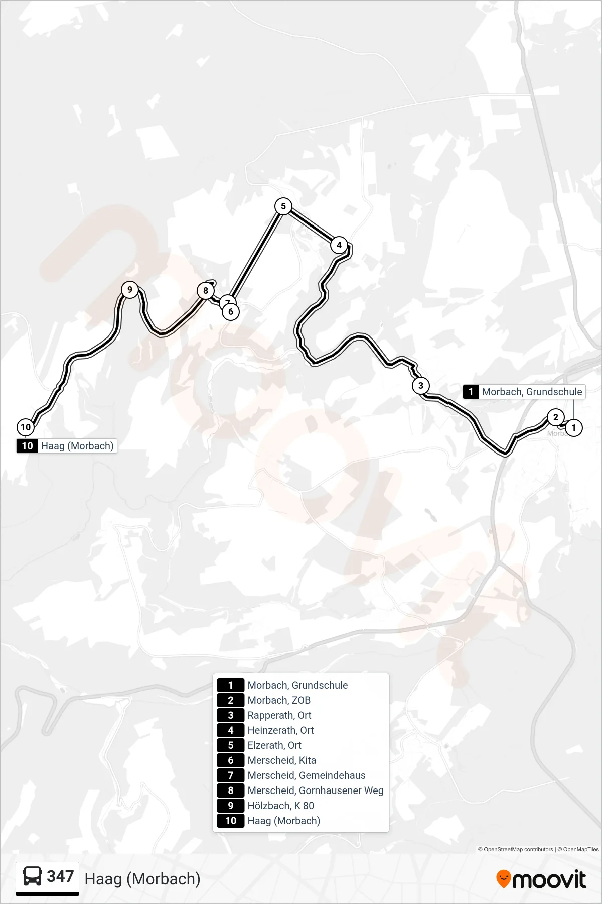 347 bus Line (Haag (Morbach)) route and stops on a map