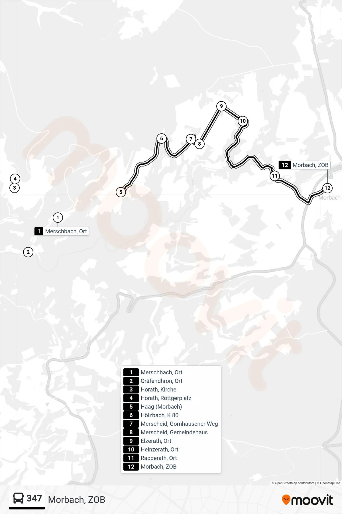 347 bus Line (Morbach, ZOB) route and stops on a map