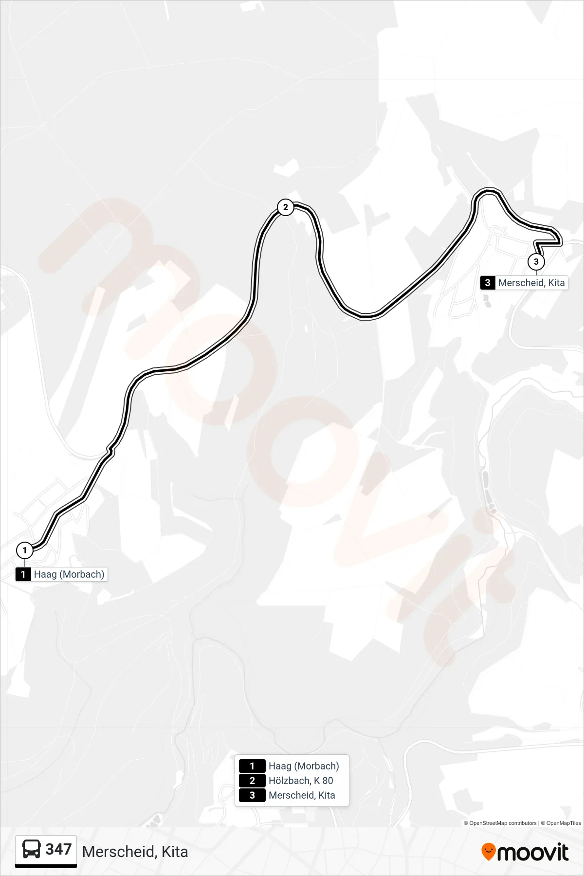 347 bus Line (Merscheid, Kita) route and stops on a map