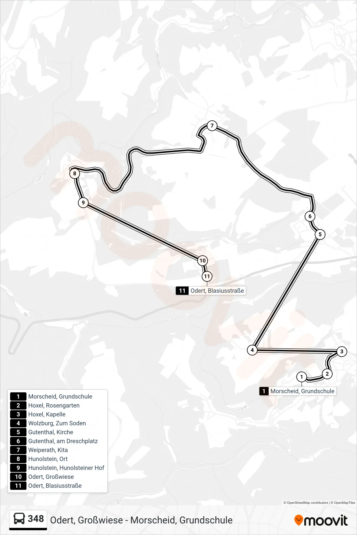 348 bus Line (Odert, Blasiusstraße) route and stops on a map