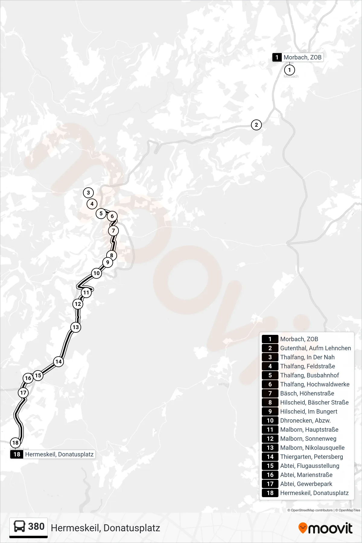 380 bus Line (Hermeskeil, Donatusplatz) route and stops on a map
