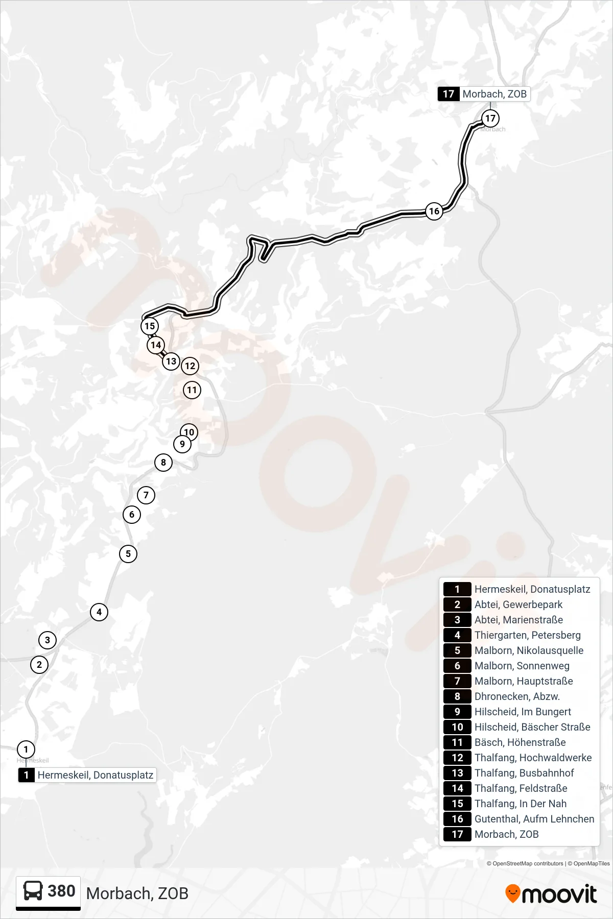 380 bus Line (Morbach, ZOB) route and stops on a map