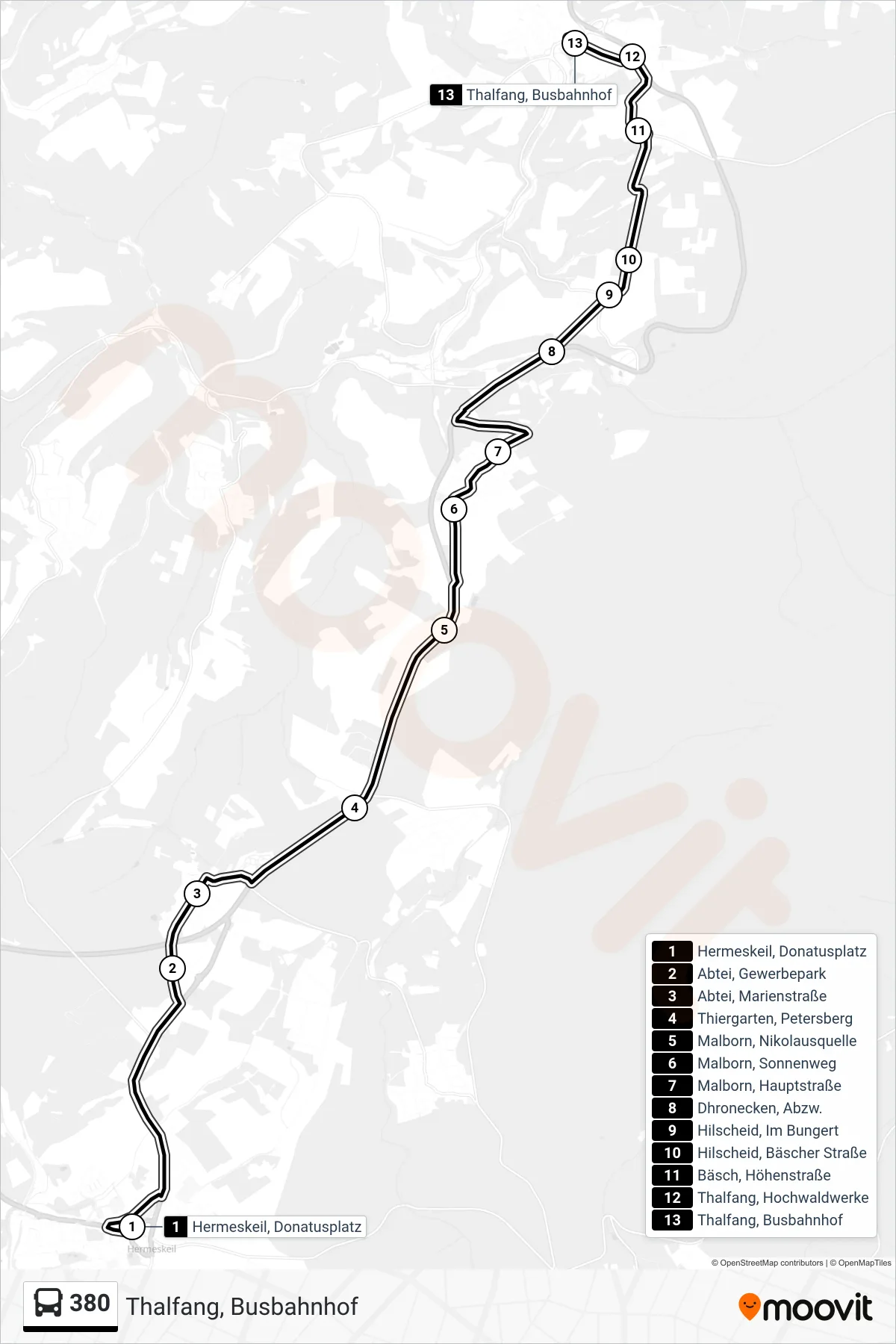 380 bus Line (Thalfang, Busbahnhof) route and stops on a map