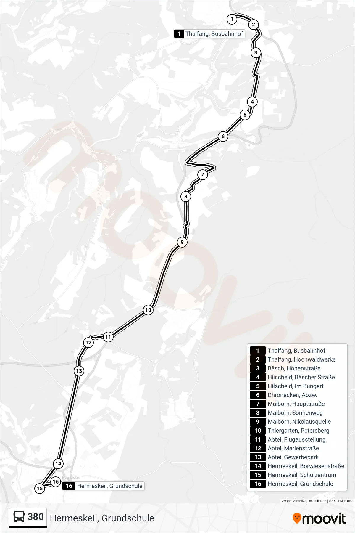 380 bus Line (Hermeskeil, Grundschule) route and stops on a map