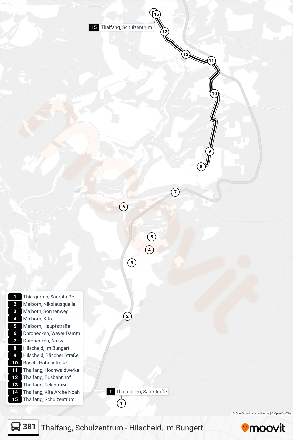 381 bus Line (Thalfang, Schulzentrum) route and stops on a map