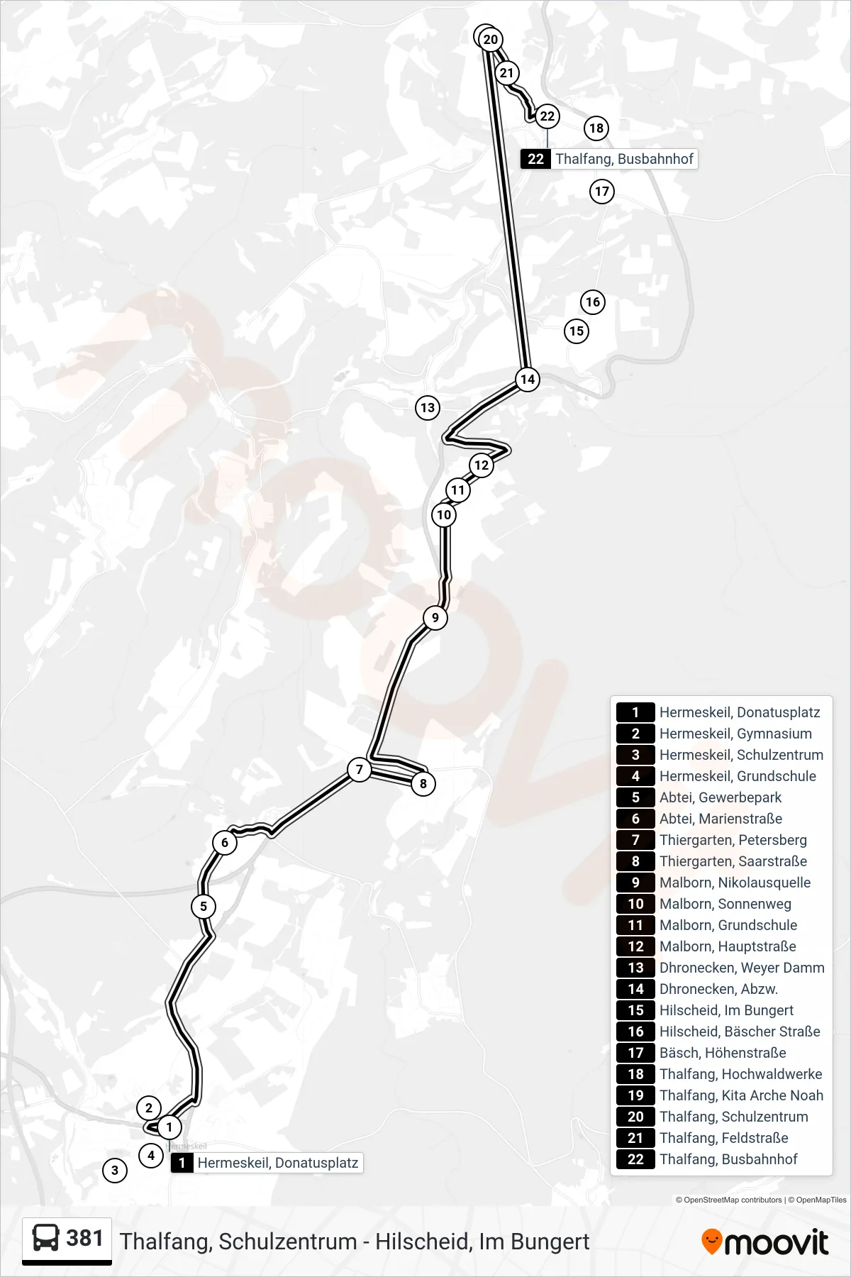 381 bus Line (Thalfang, Busbahnhof) route and stops on a map