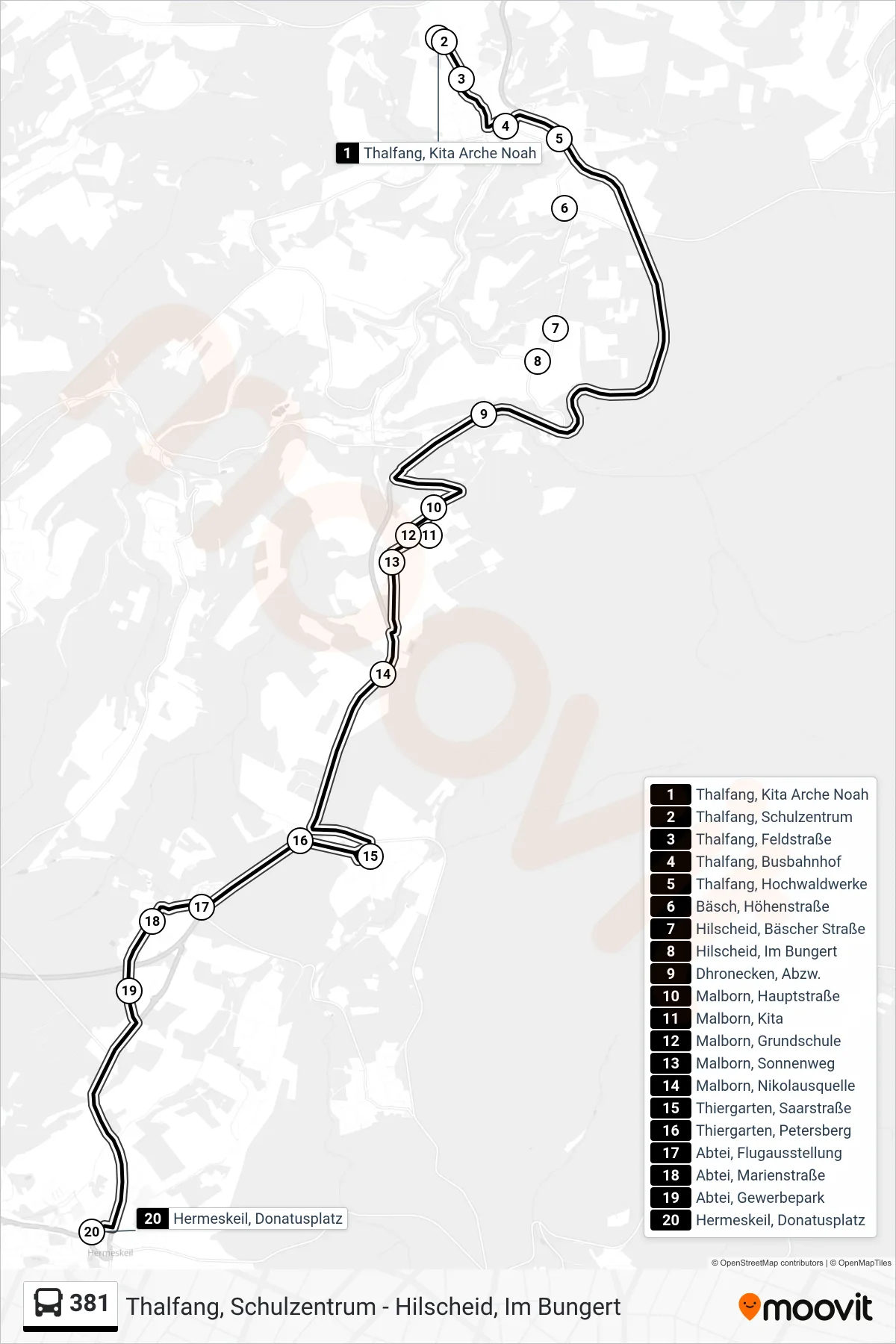 381 bus Line (Hermeskeil, Donatusplatz) route and stops on a map