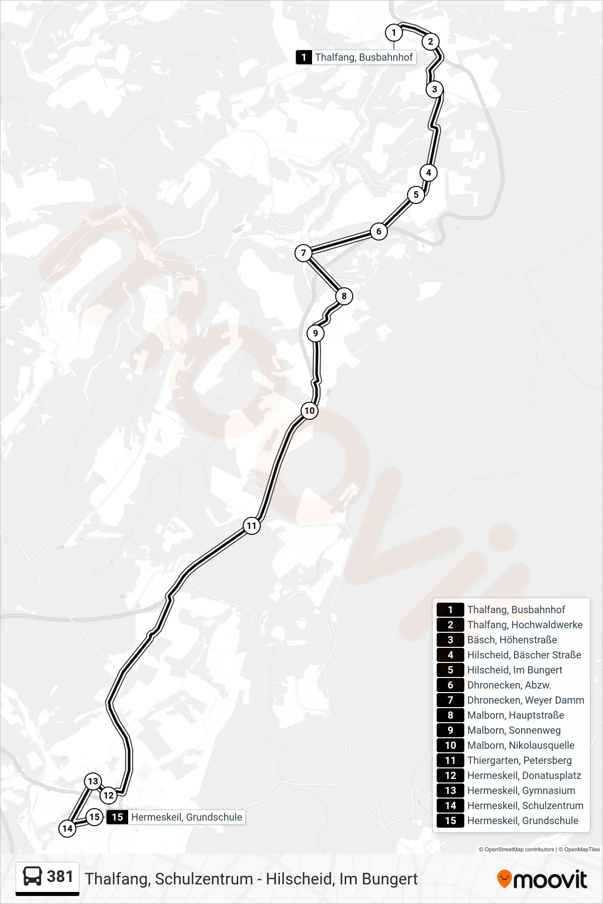 381 bus Line (Hermeskeil, Grundschule) route and stops on a map