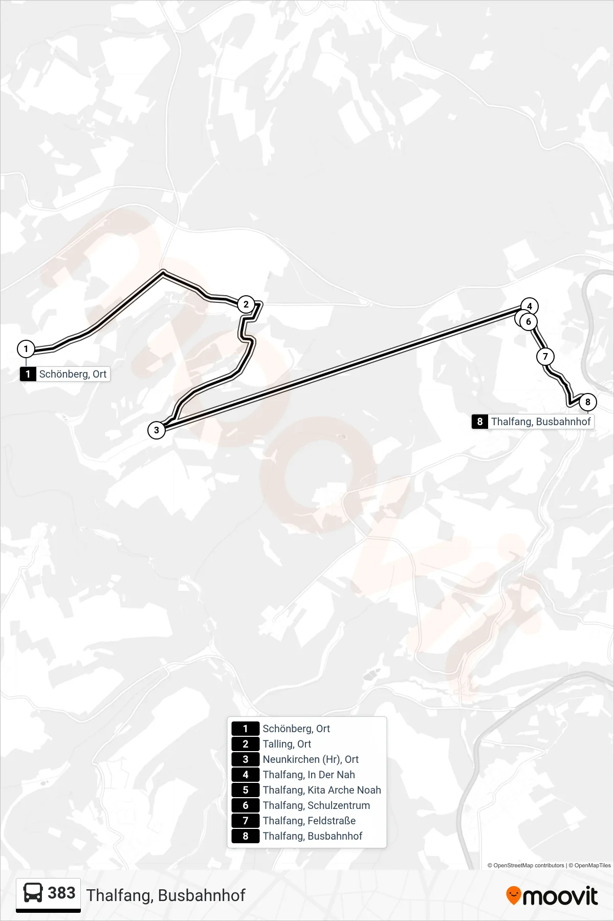 383 bus Line (Thalfang, Busbahnhof) route and stops on a map