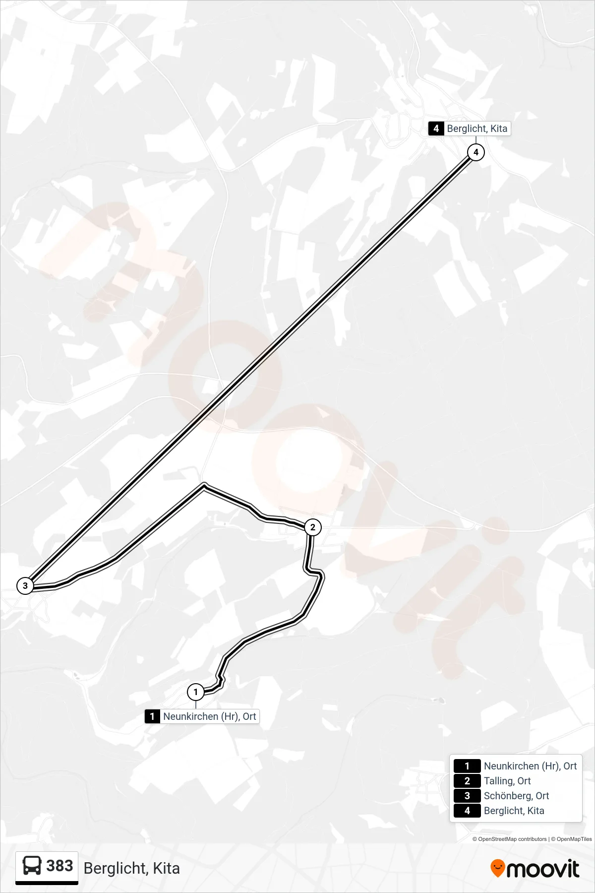 383 bus Line (Berglicht, Kita) route and stops on a map