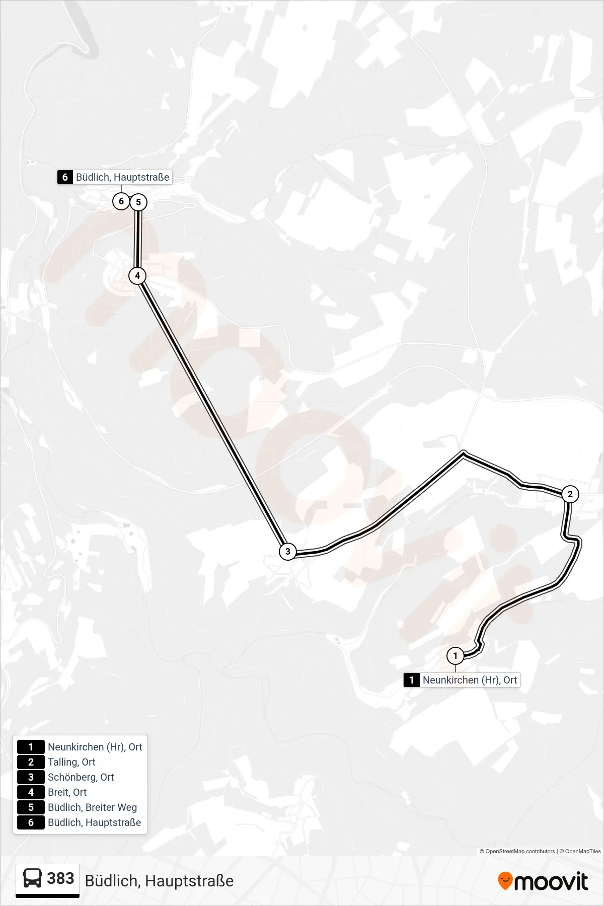 383 bus Line (Büdlich, Hauptstraße) route and stops on a map