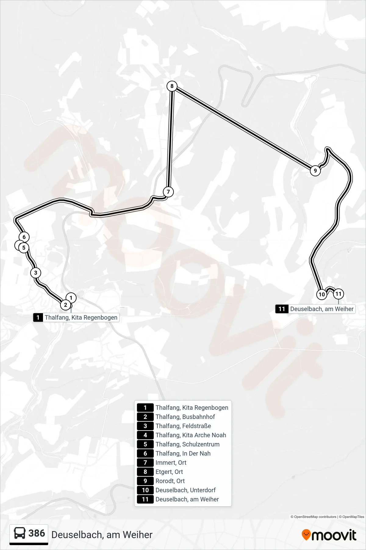 386 bus Line (Deuselbach, am Weiher) route and stops on a map
