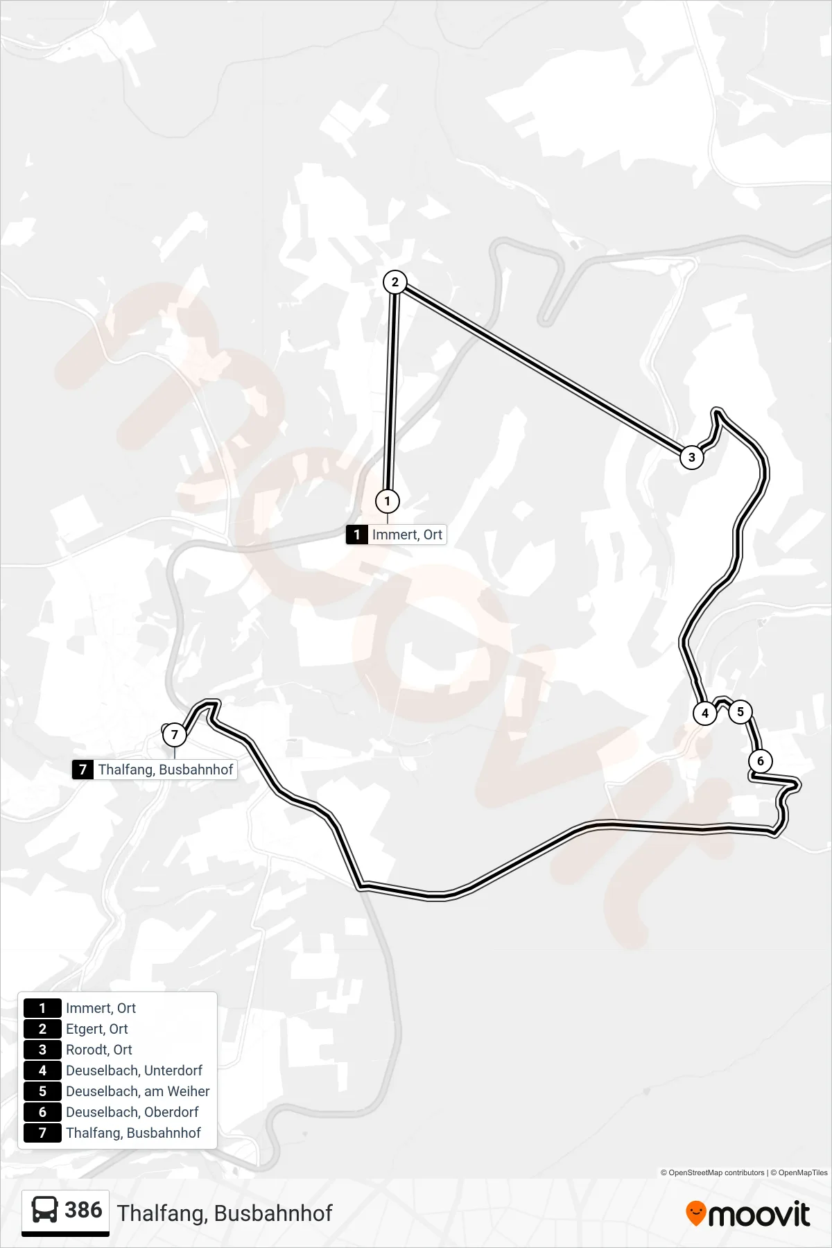 386 bus Line (Thalfang, Busbahnhof) route and stops on a map