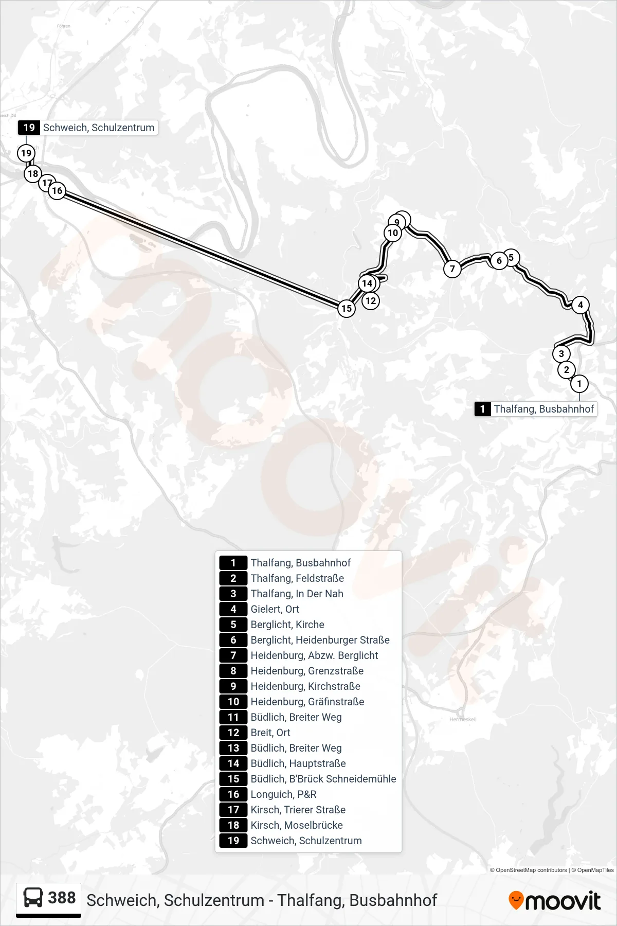 388 bus Line (Schweich, Schulzentrum) route and stops on a map