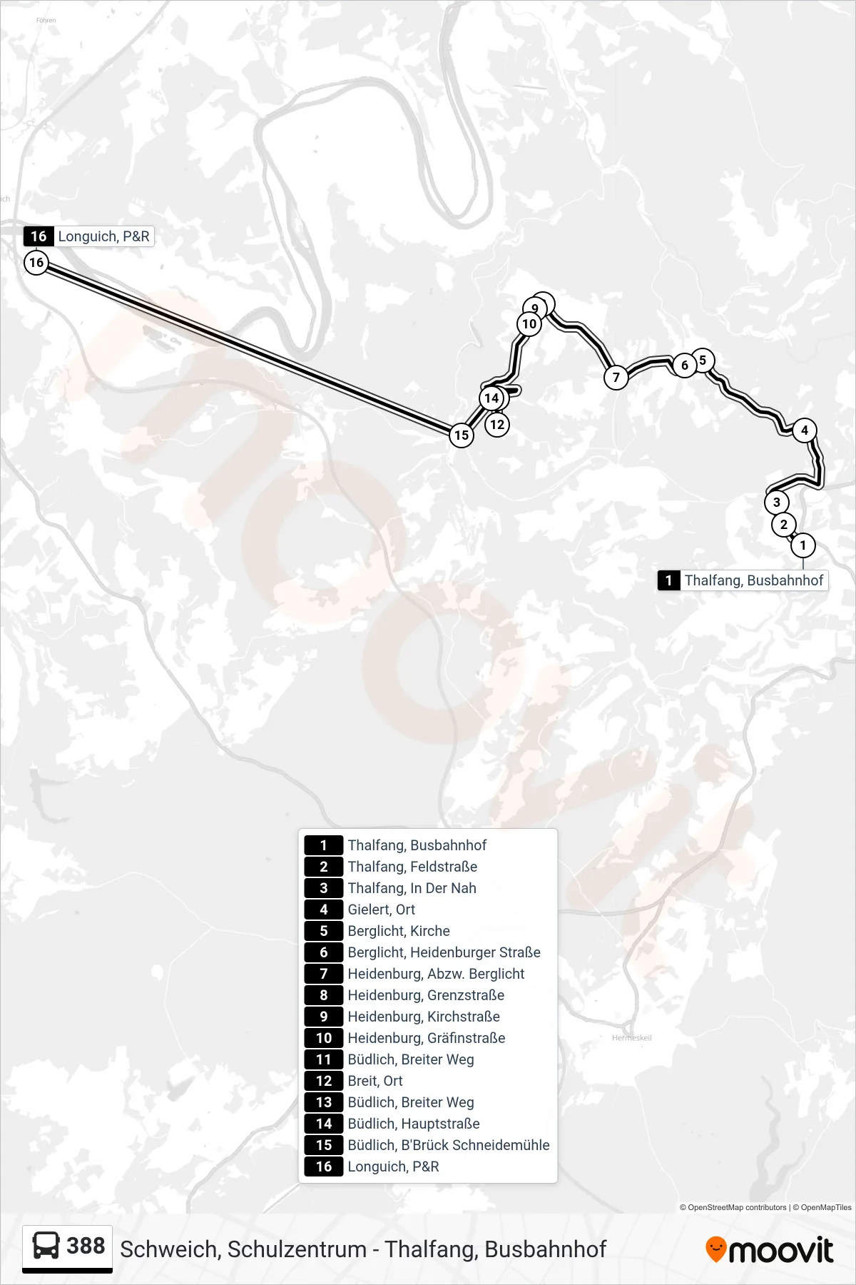 388 bus Line (Longuich, P&R) route and stops on a map