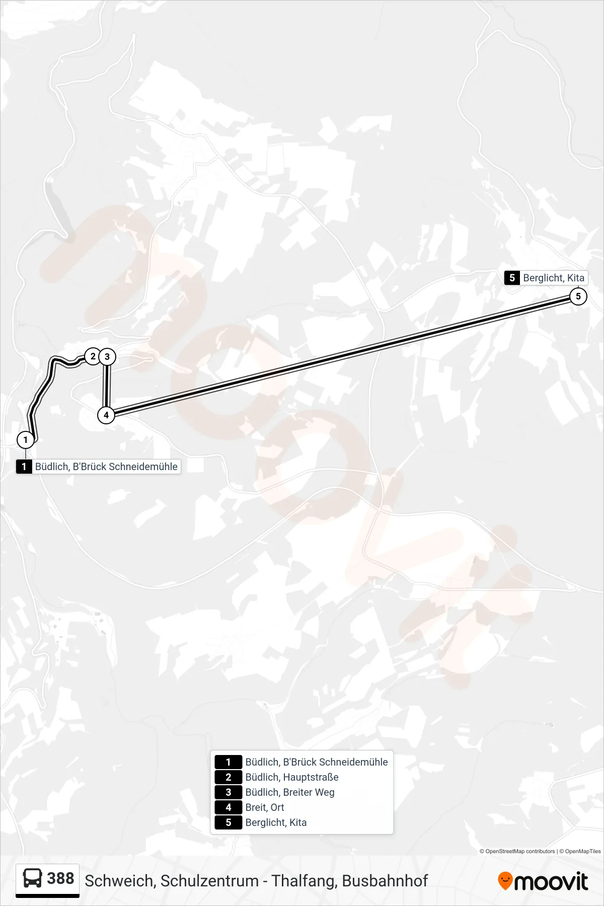 388 bus Line (Berglicht, Kita) route and stops on a map
