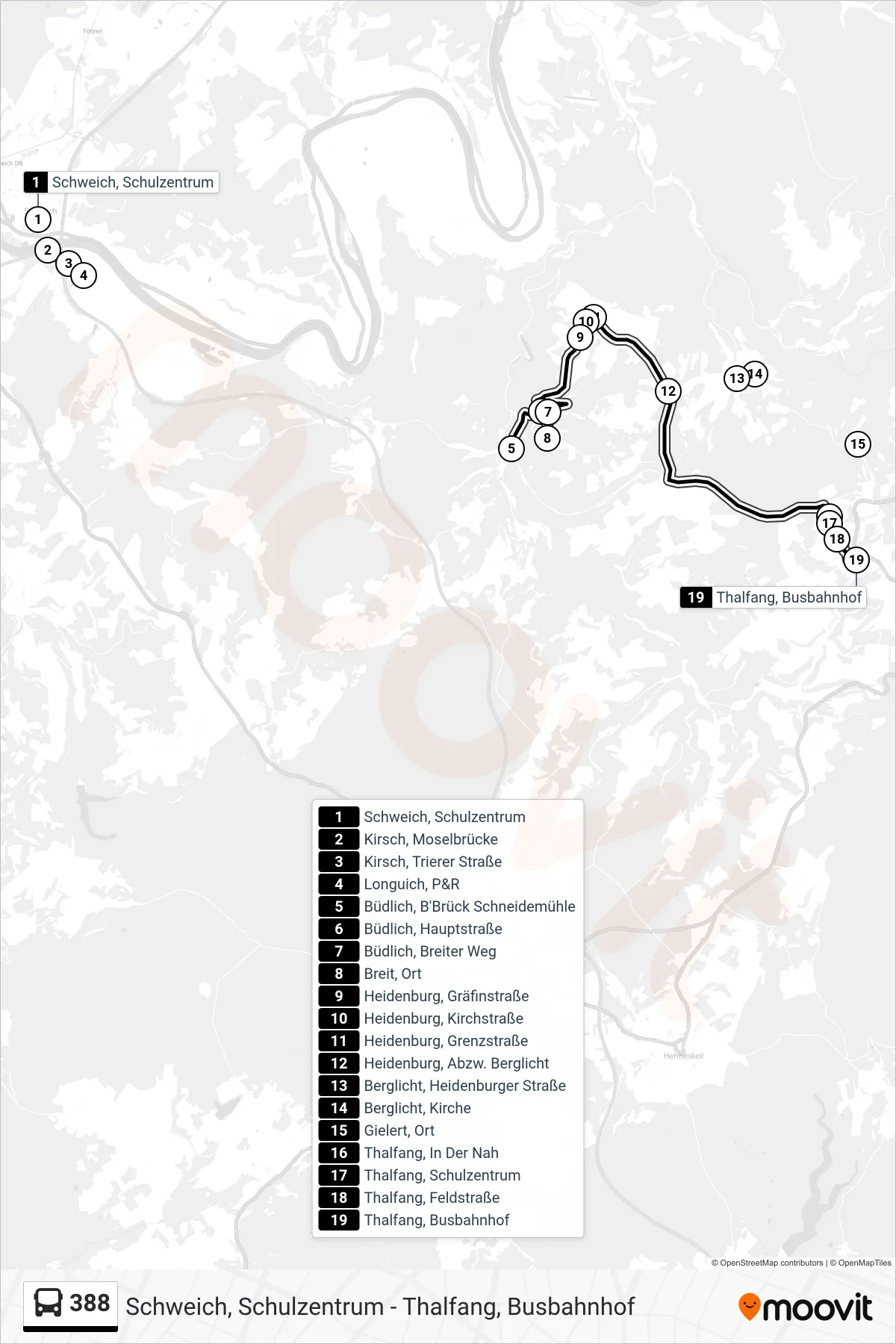 388 bus Line (Thalfang, Busbahnhof) route and stops on a map