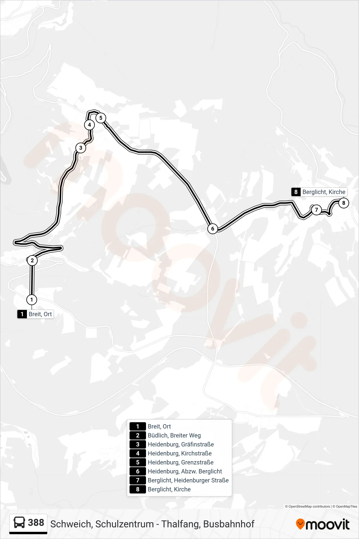 388 bus Line (Berglicht, Kirche) route and stops on a map