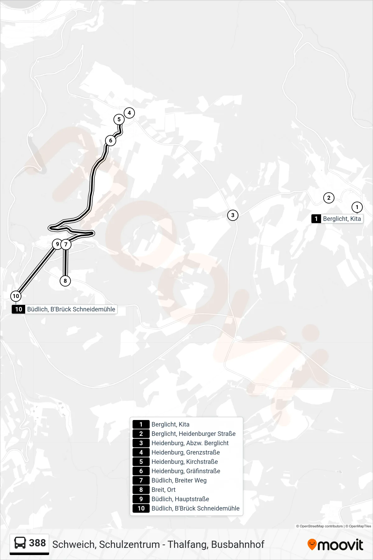 388 bus Line (Büdlich, B'Brück Schneidemühle) route and stops on a map