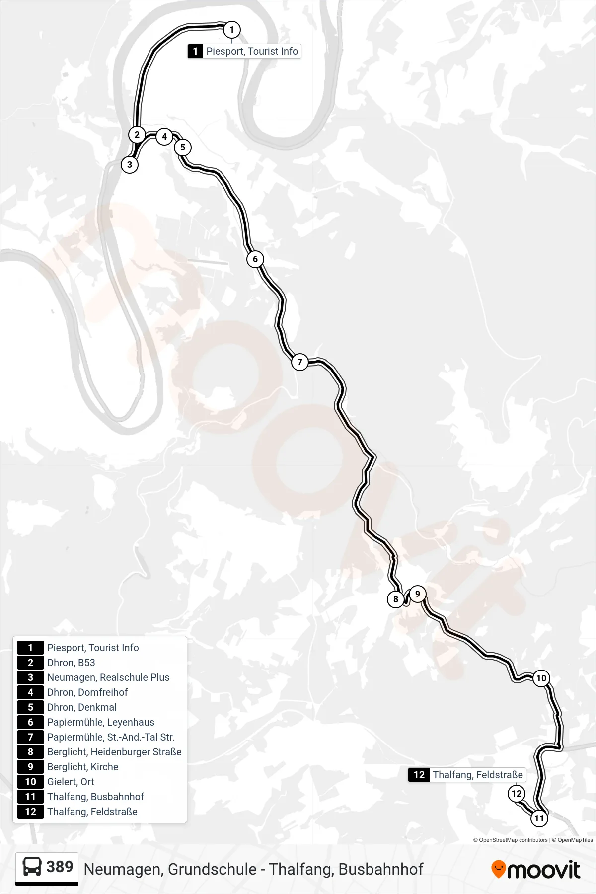 389 bus Line (Thalfang, Feldstraße) route and stops on a map