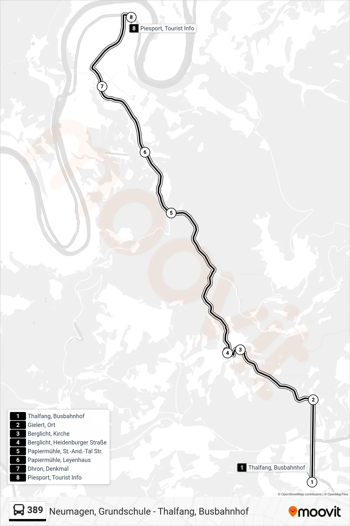 389 bus Line (Piesport, Tourist Info) route and stops on a map