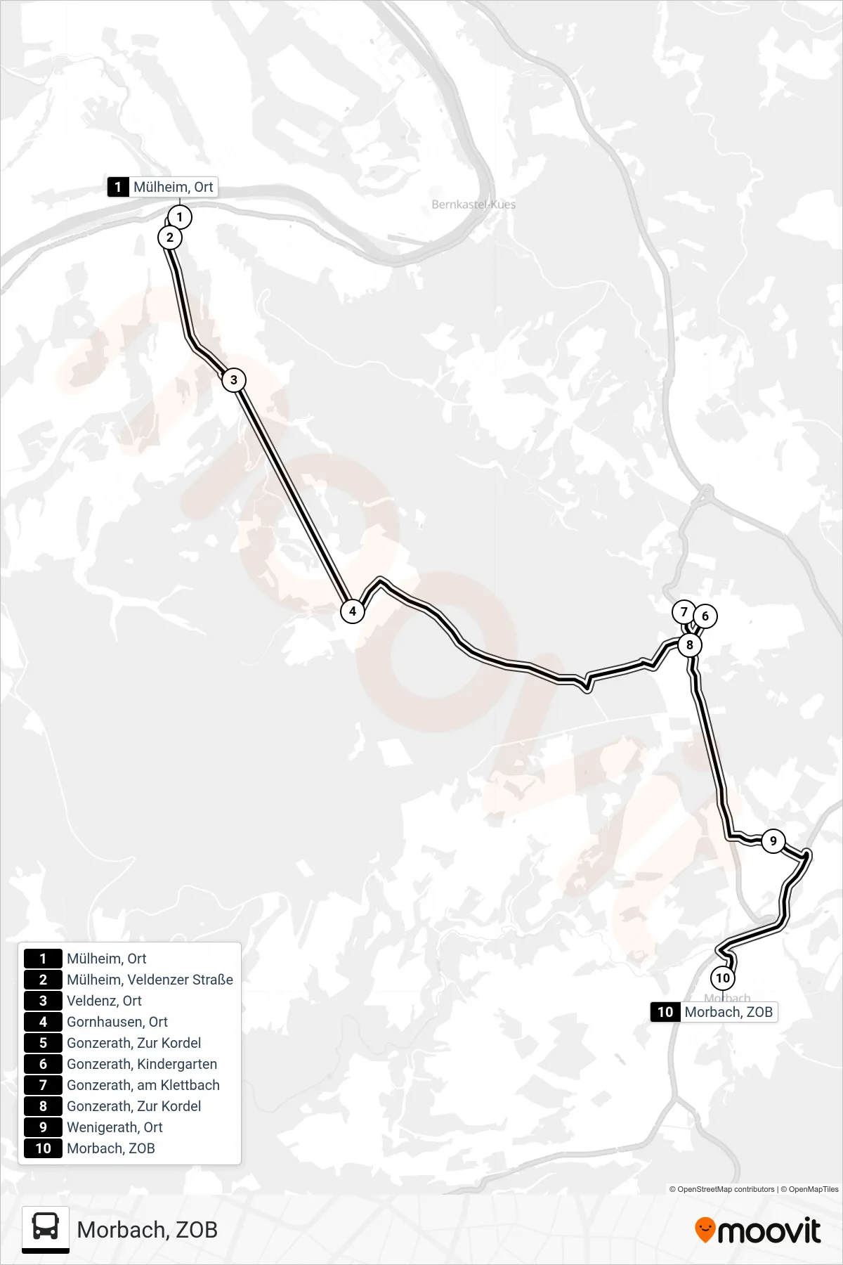 Linie 344 RUFBUS (Bus) Richtung Morbach, ZOB: Route und Haltestellen auf der Karte