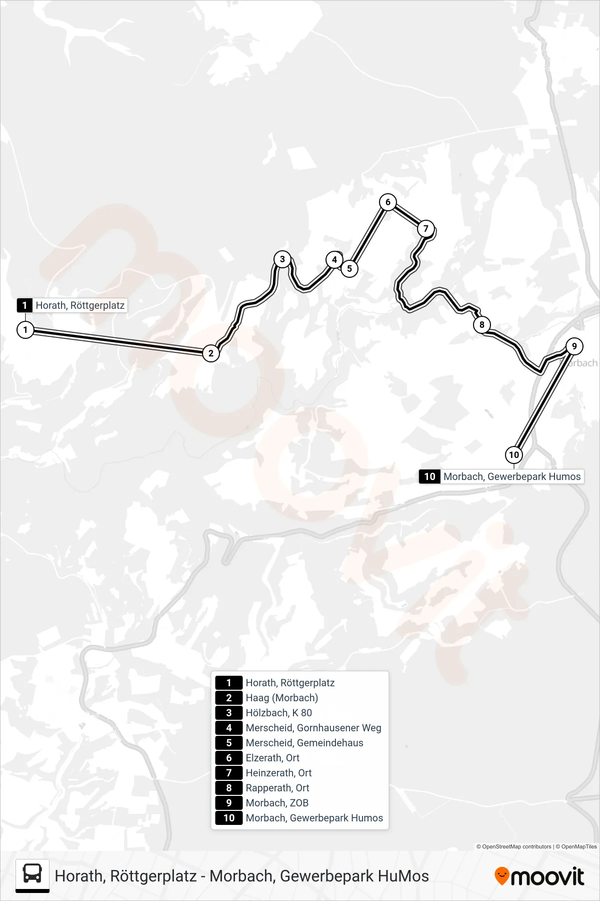 347 RUFBUS bus Line (Morbach, Gewerbepark Humos) route and stops on a map