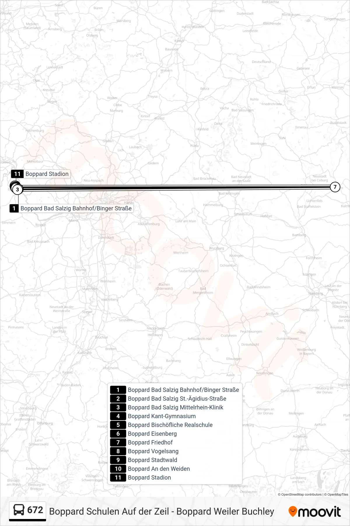 672 bus Line (Boppard Stadion) route and stops on a map