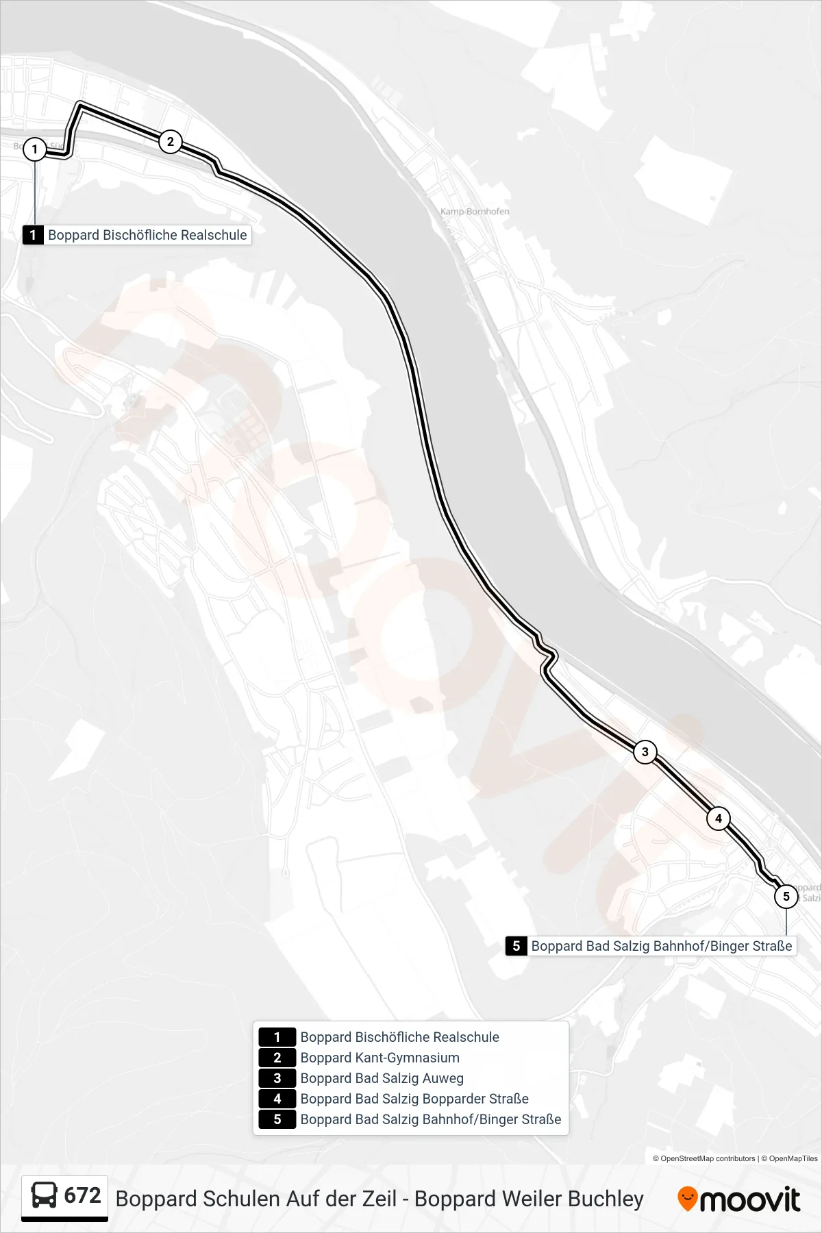 672 bus Line (Boppard Bad Salzig Bahnhof/Binger Straße) route and stops on a map