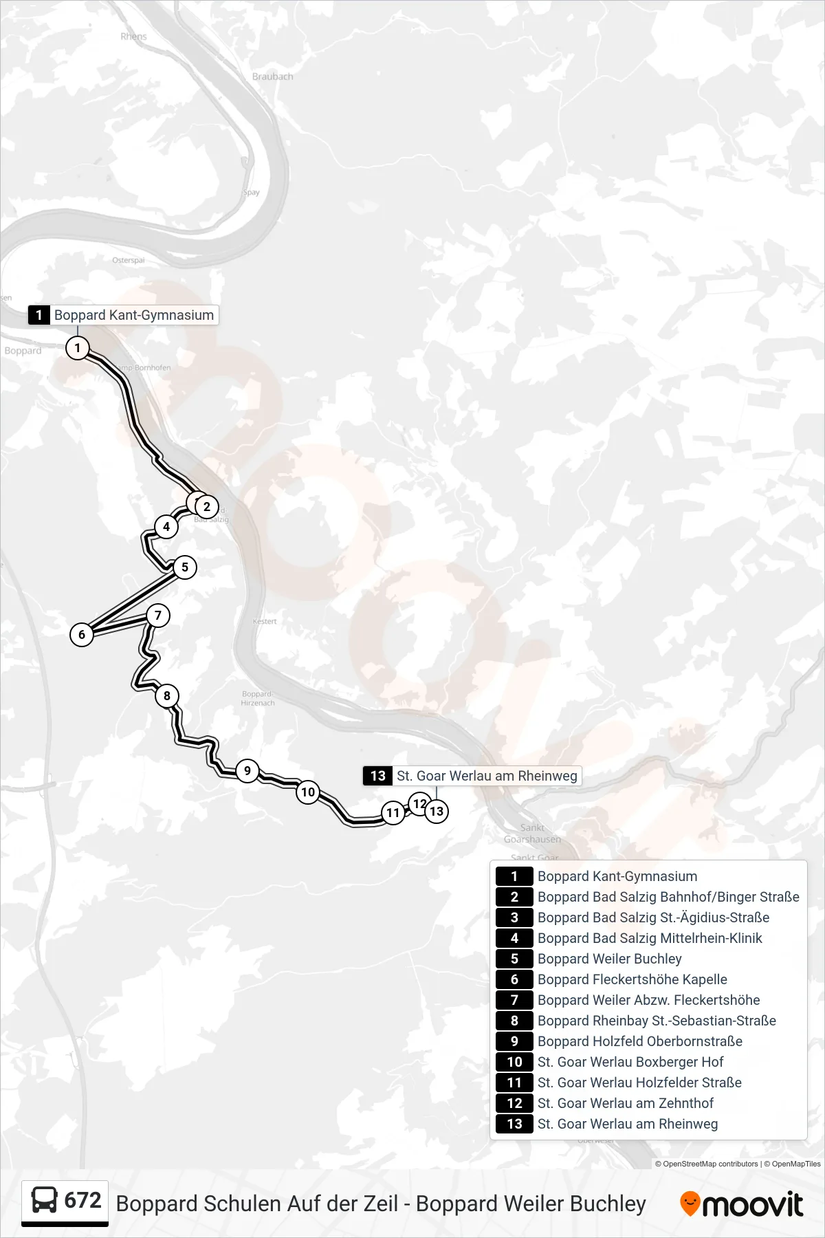 672 bus Line (St. Goar Werlau am Rheinweg) route and stops on a map