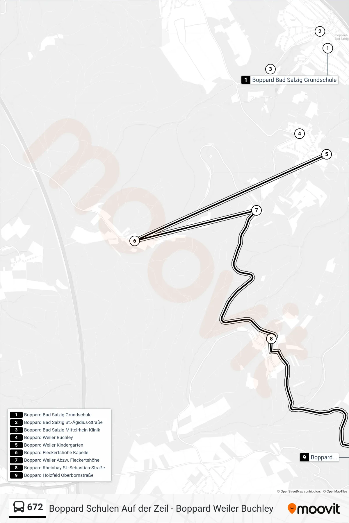672 bus Line (Boppard Holzfeld Oberbornstraße) route and stops on a map