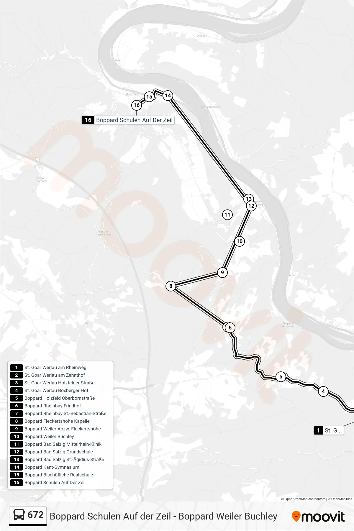 672 bus Line (Boppard Schulen Auf Der Zeil) route and stops on a map