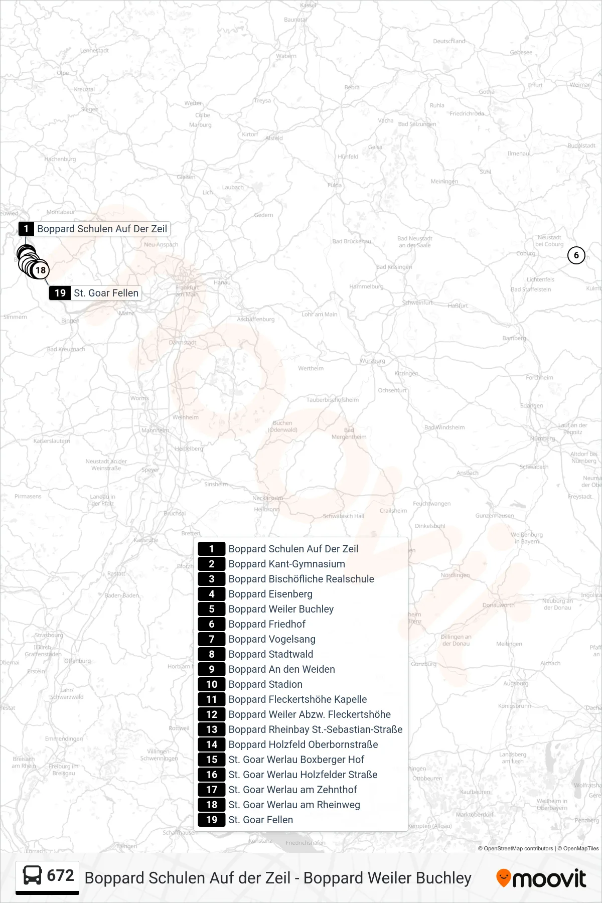 672 bus Line (St. Goar Fellen) route and stops on a map