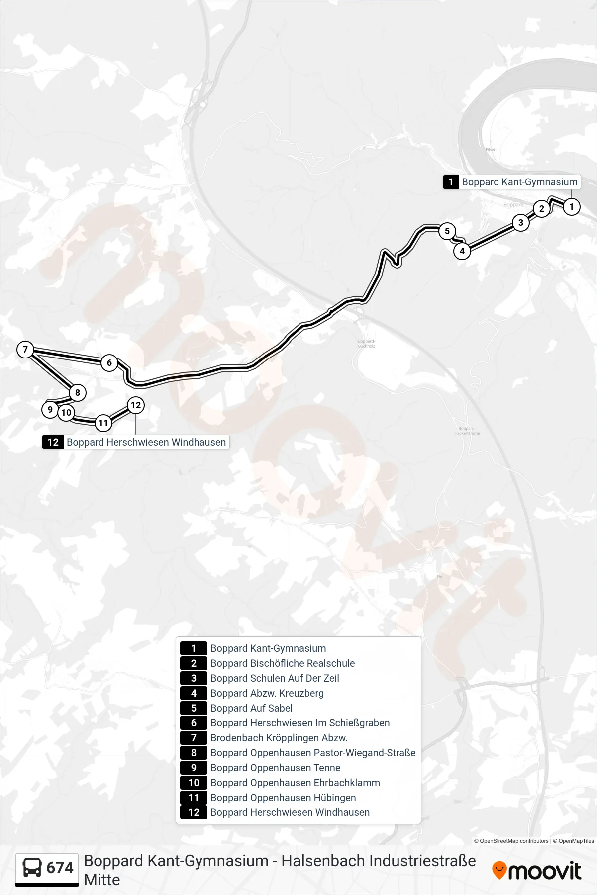 674 bus Line (Boppard Herschwiesen Windhausen) route and stops on a map