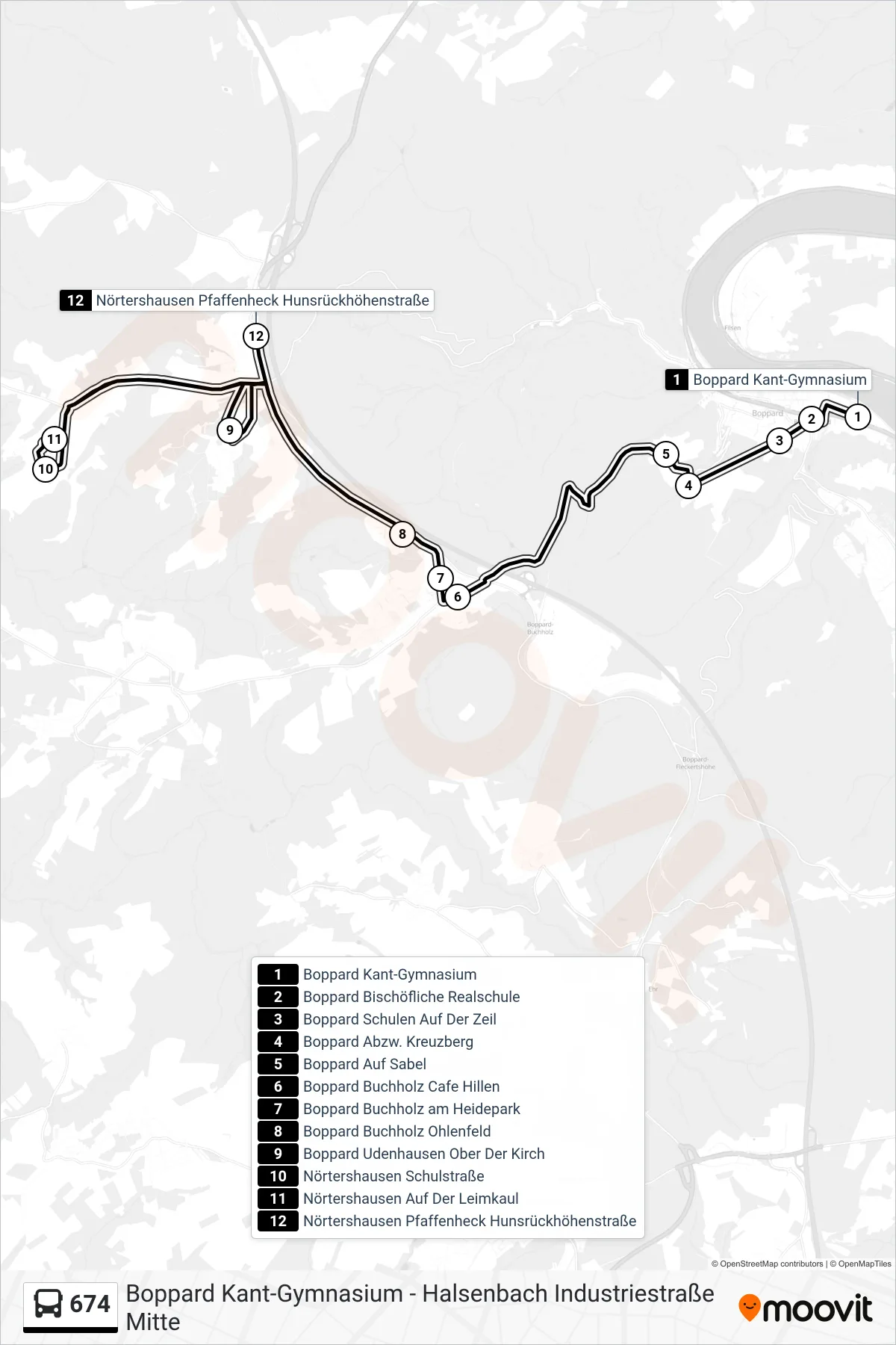 674 bus Line (Nörtershausen Pfaffenheck Hunsrückhöhenstraße) route and stops on a map