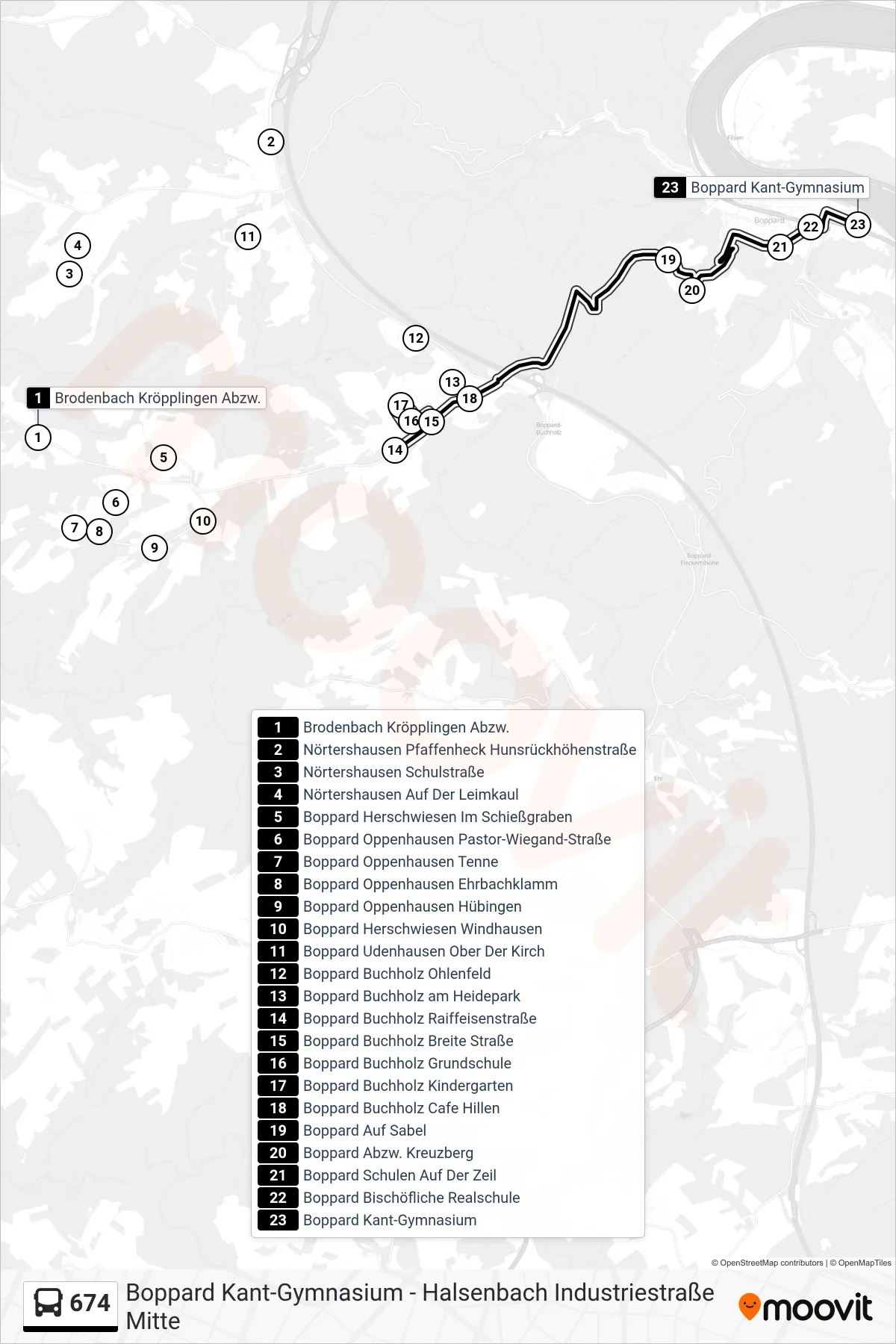 674 bus Line (Boppard Kant-Gymnasium) route and stops on a map