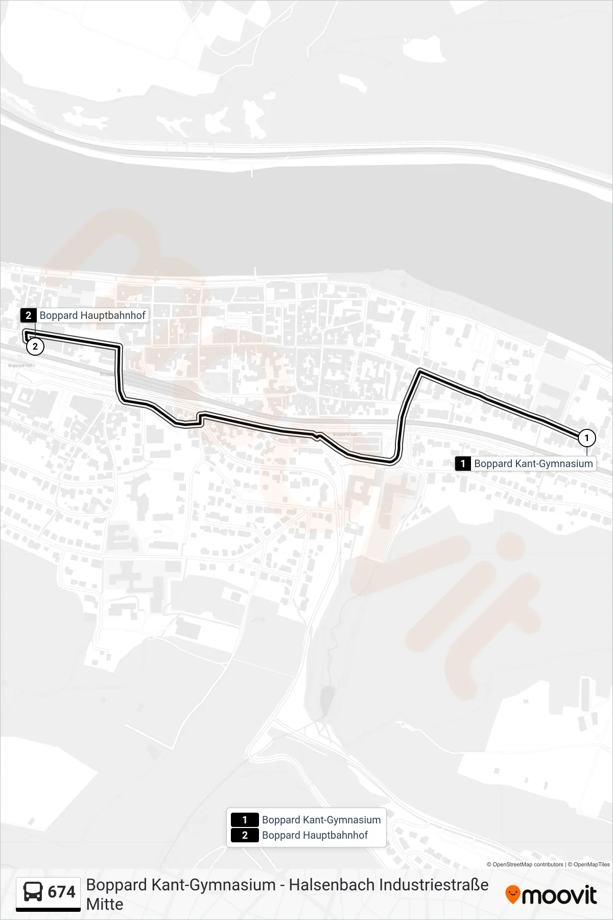 Linie 674 (Bus) Richtung Boppard Hauptbahnhof: Route und Haltestellen auf der Karte