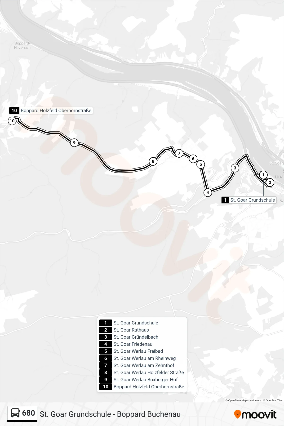680 bus Line (Boppard Holzfeld Oberbornstraße) route and stops on a map