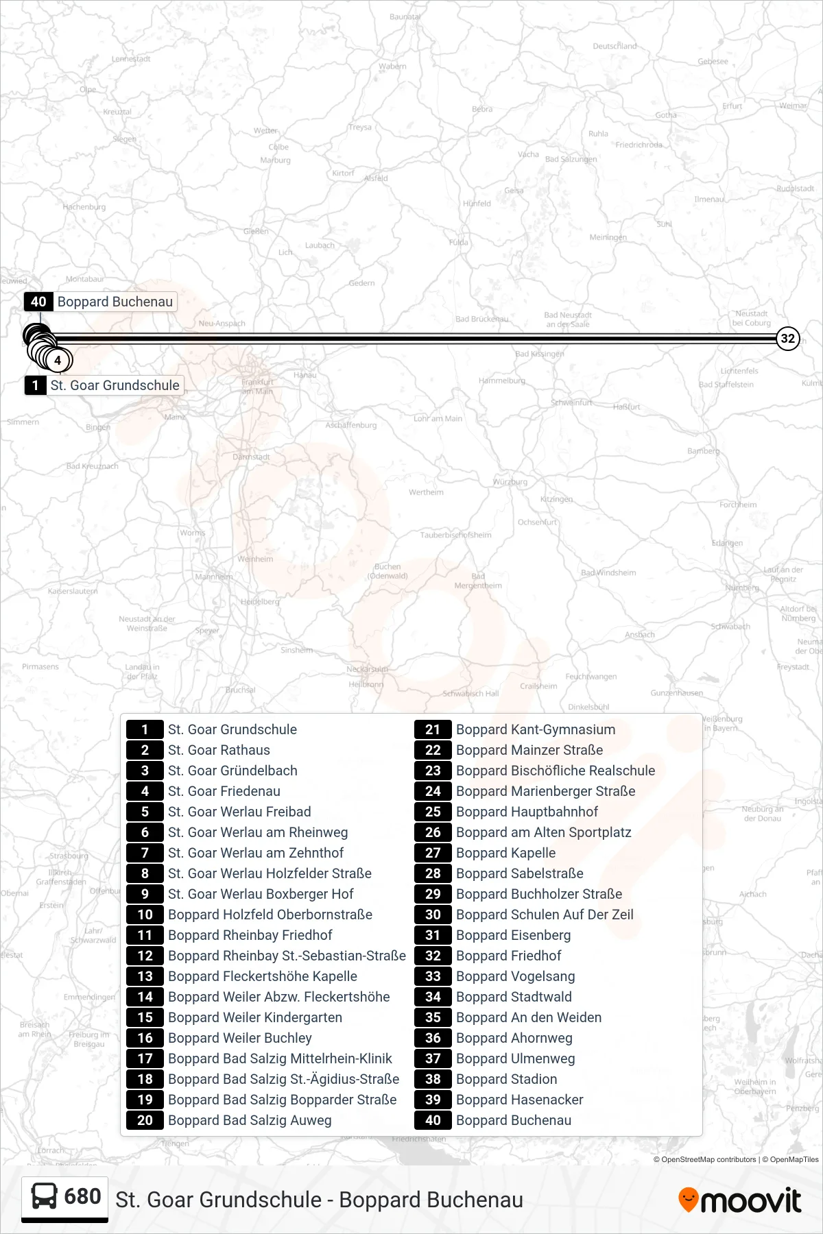 680 bus Line (Boppard Buchenau) route and stops on a map