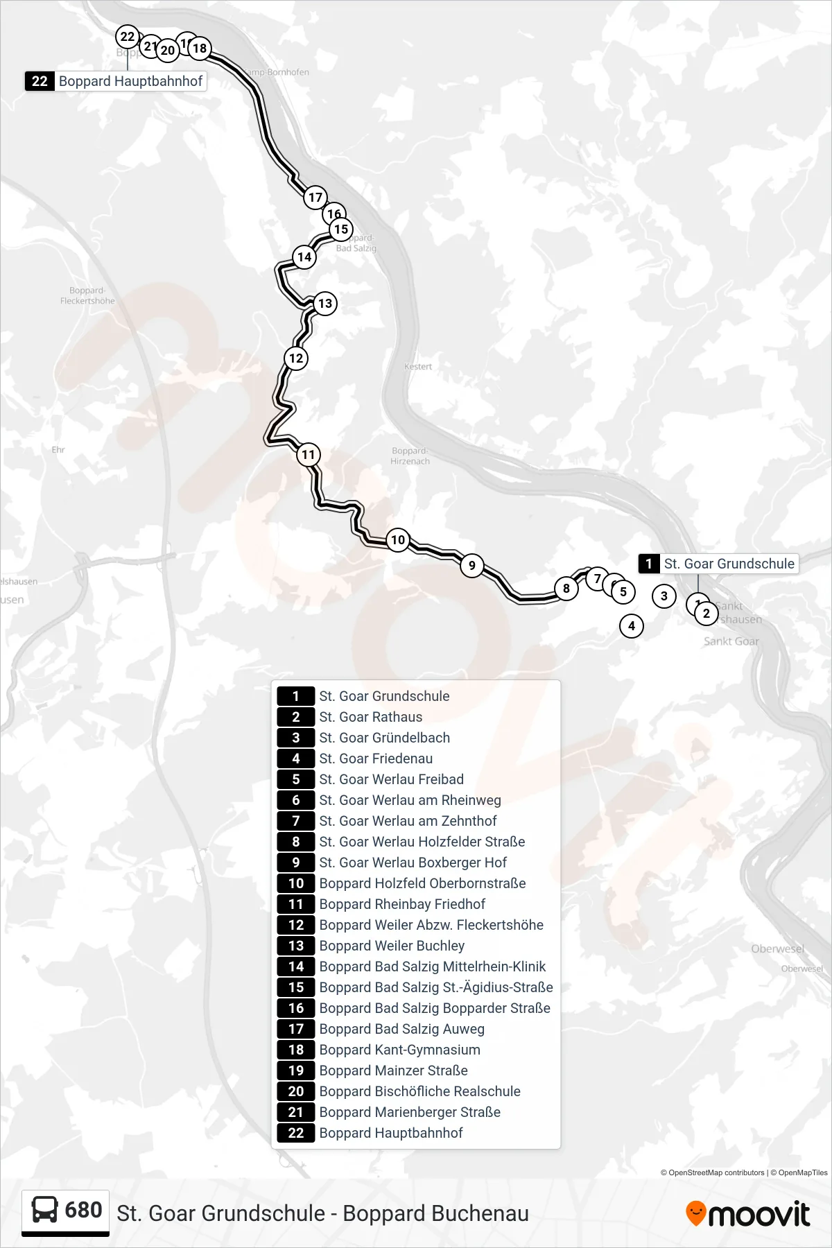Linie 680 (Bus) Richtung Boppard Hauptbahnhof: Route und Haltestellen auf der Karte